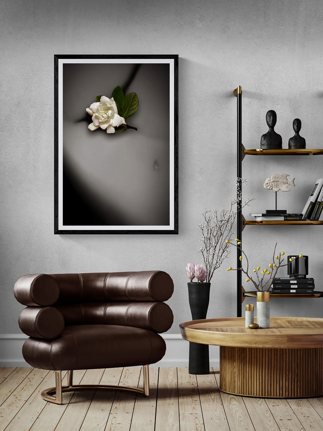 Tranquility by Doug Heslep, from The Human Vase Series, displayed as framed fine art in a contemporary interior with warm wood and sculptural furnishings.