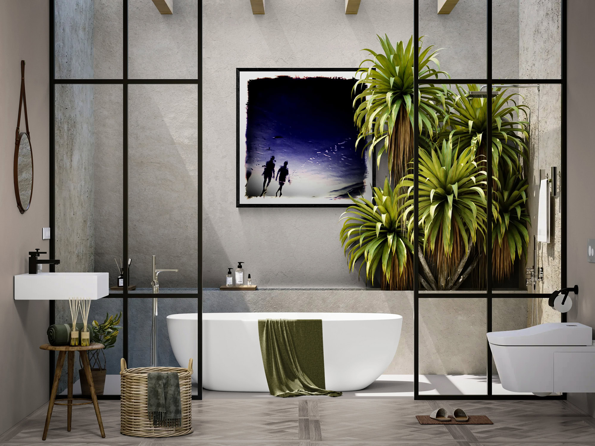 “Walking the Walk,” showing two silhouetted figures on a blue-toned shoreline, framed above a bathtub and partially obscured by tropical plants.