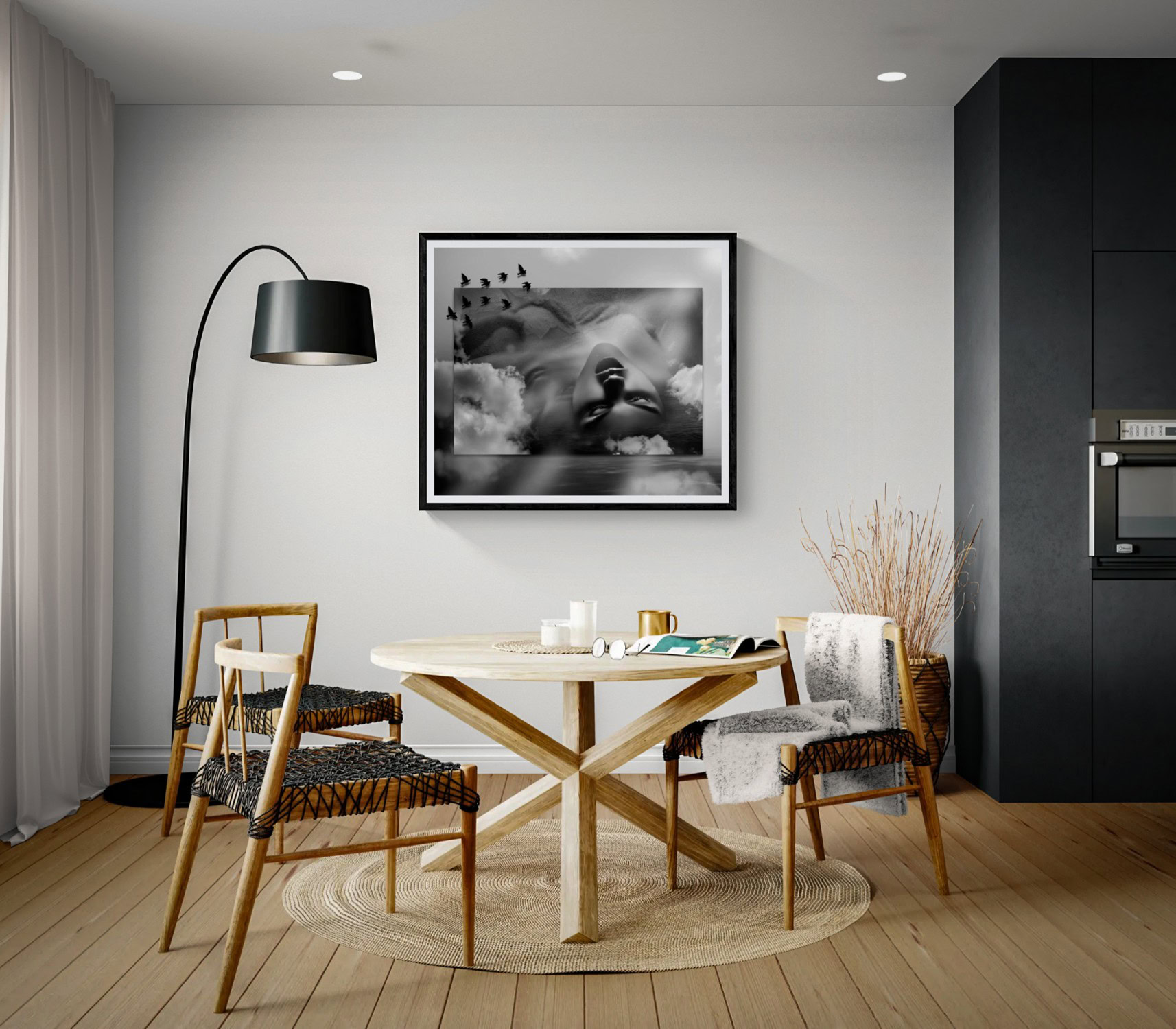 Wicked Reverie by Doug Heslep, displayed as framed black-and-white fine art within a contemporary dining interior.