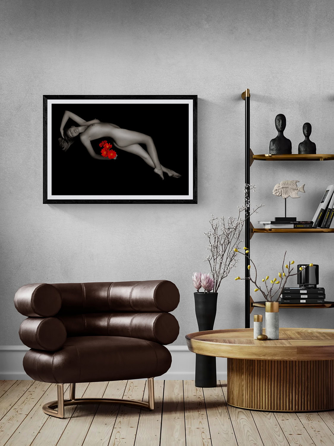 With a Splash of Yellow by Doug Heslep, from The Human Vase Series, displayed as framed fine art in a contemporary interior with warm wood and sculptural furnishings.