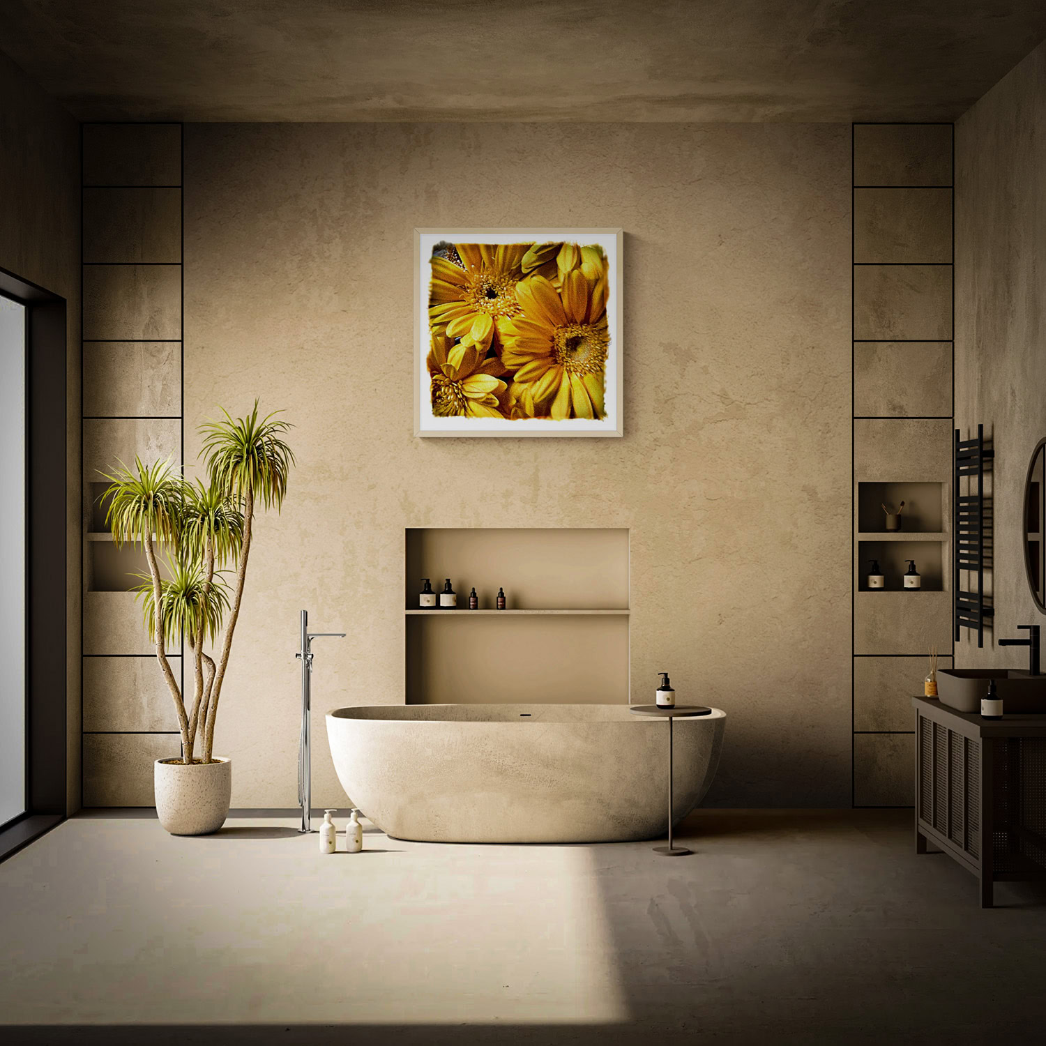 “Gathering Sunshine,” a close-up of golden yellow flowers in a light frame, displayed above a stone bathtub in a warm beige bathroom.